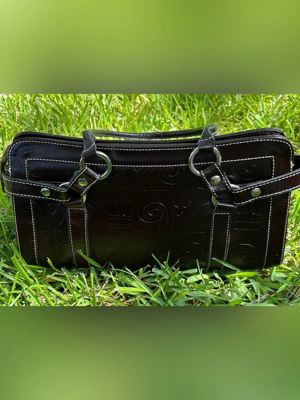 Embossed Leather Satchel in Deep Brown